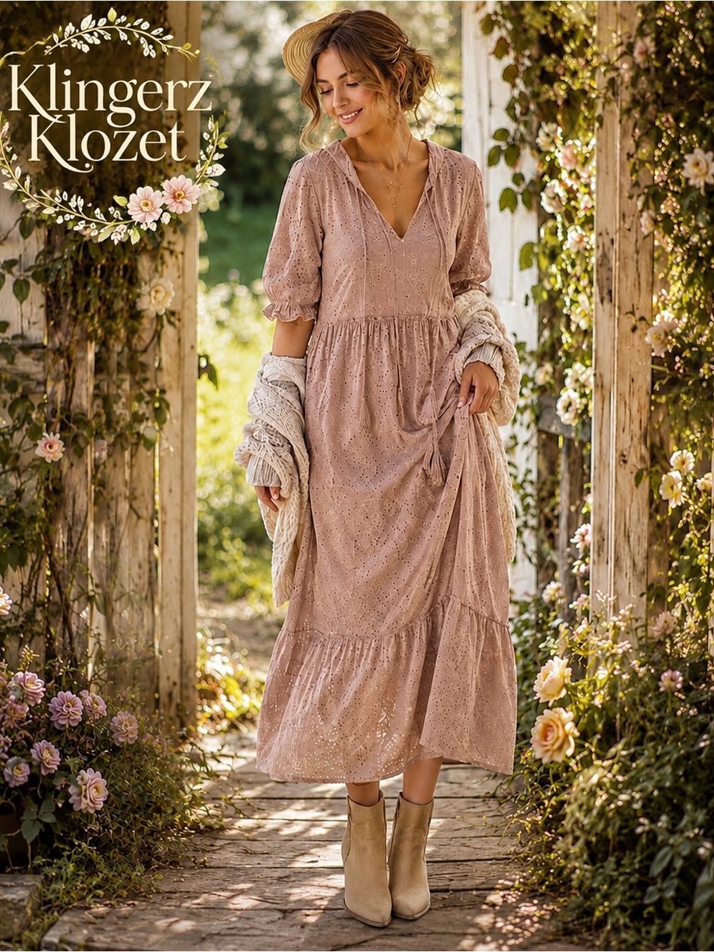 Boho Eyelet Embroidered Maxi Dress • Cottagecore Western • Size